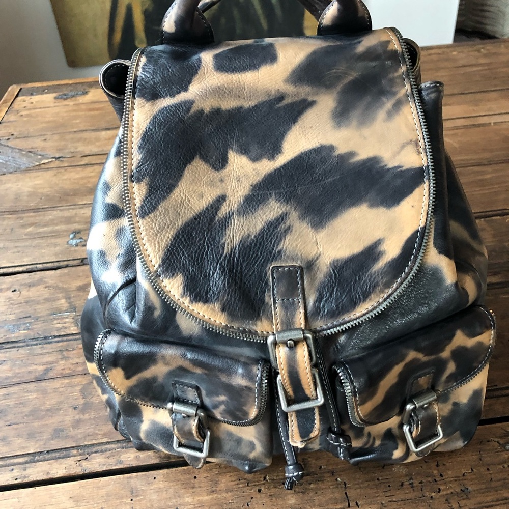 Leather Backpack with Brown and Black Cowhide Pattern